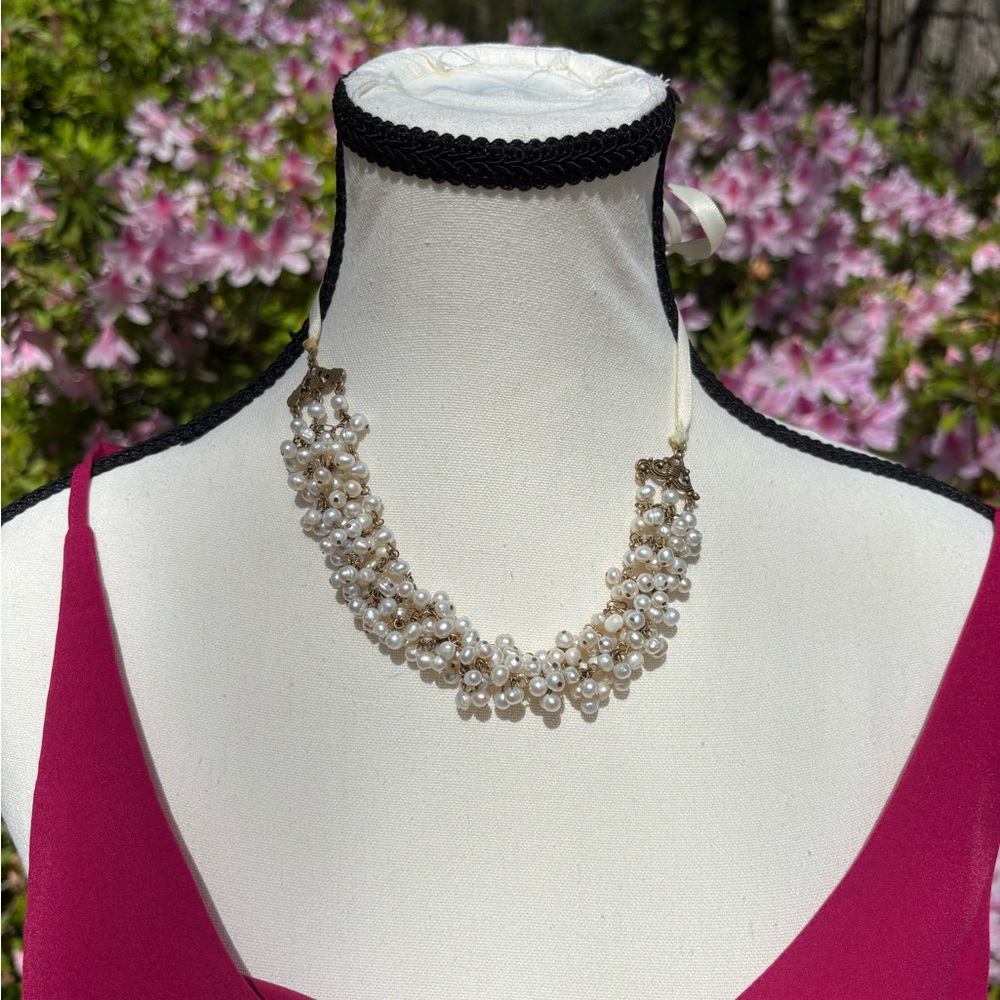 Beautiful Vintage Pearl and Gold Cluster Choker Necklace with Ivory Satin Tie